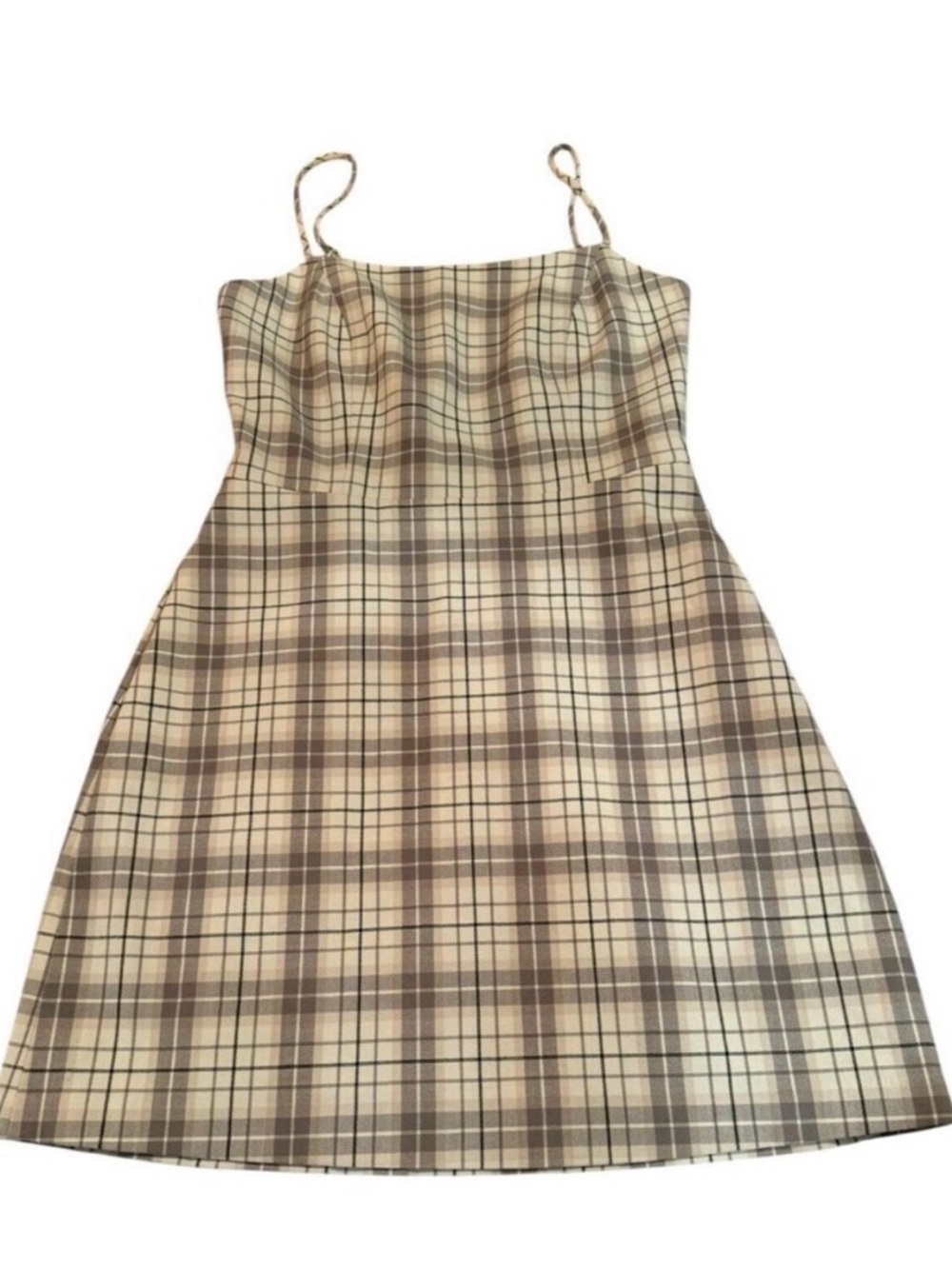 Aritzia Wilfred Plaid Spaghetti-Strap Mini Dress in Cream and Brown